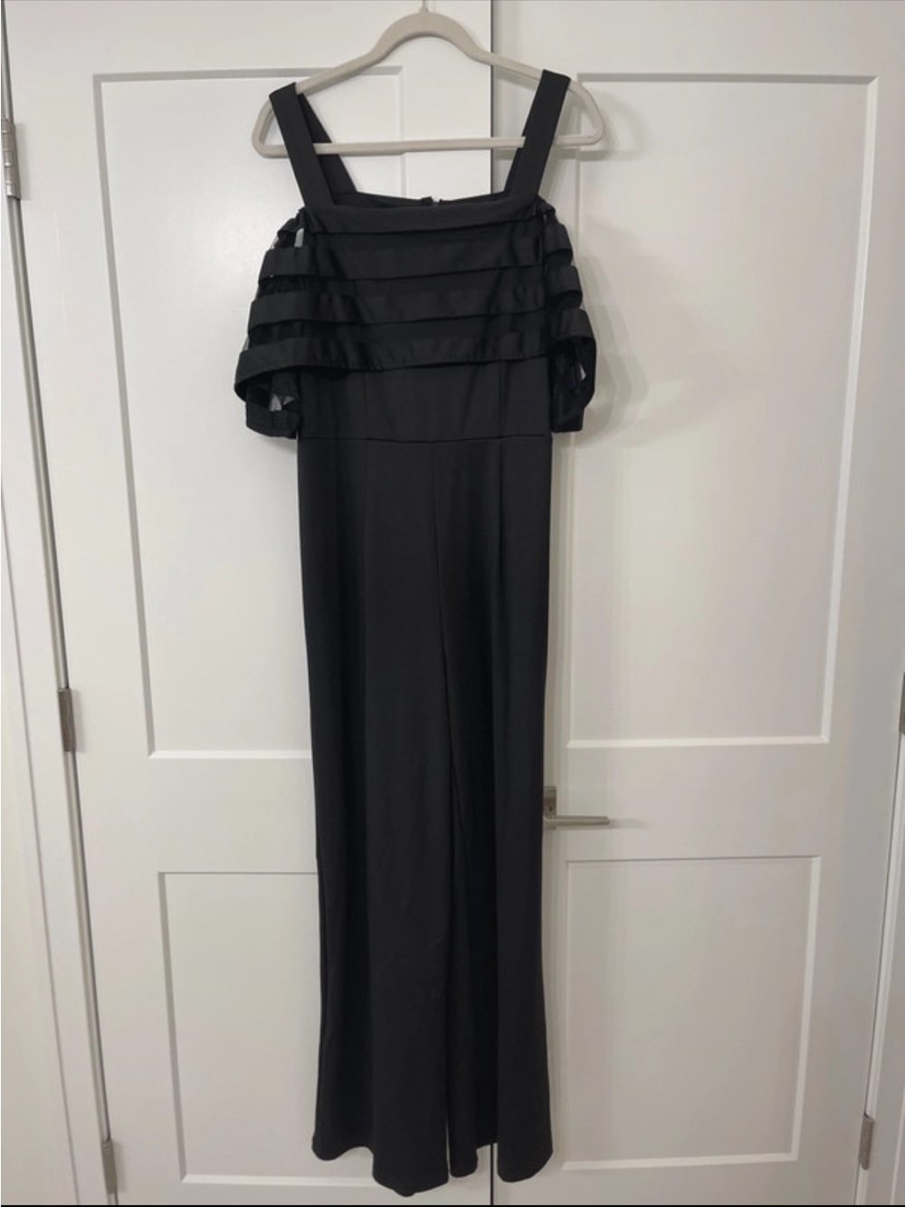 Amazon Black One-Shoulder Wide-Leg Jumpsuit with Tiered Sleeve Detail